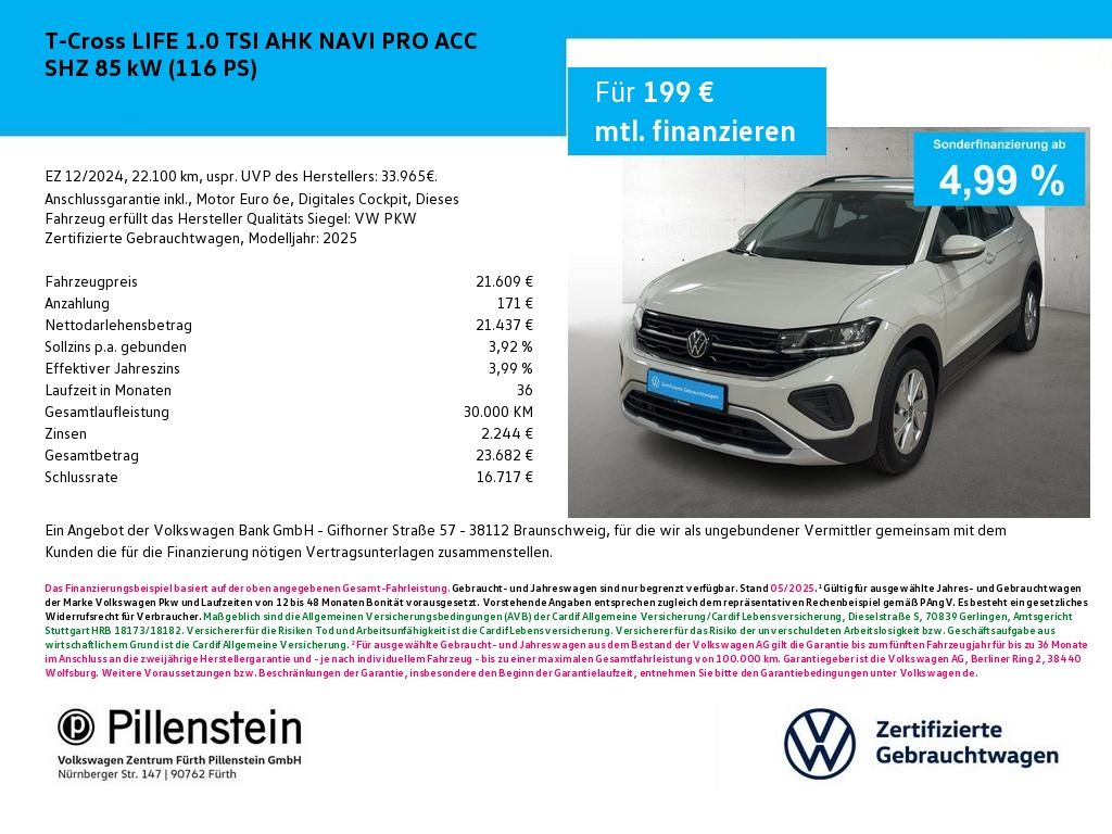Bild des Angebotes Volkswagen T-Cross LIFE 1.0 TSI AHK NAVI PRO ACC SHZ