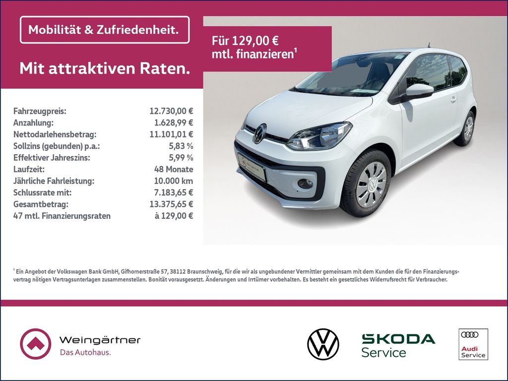 Bild des Angebotes Volkswagen up! 1.0 move, Sitzhzg, Maps, NSW, Bluetooth 5 Ga