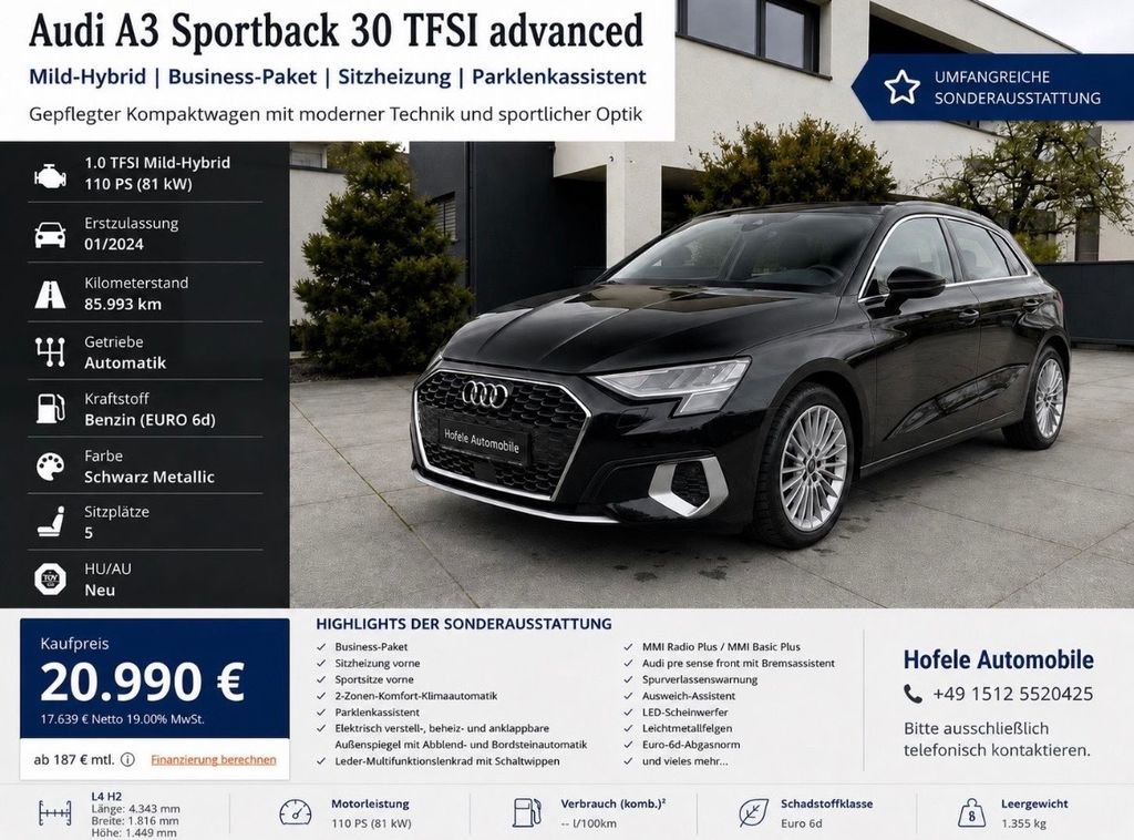 Bild des Angebotes Audi A3 Sportback 30 TFSI advanced| +49 1512 5520425